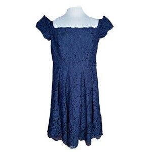 City Chic | Women's Off-Shoulder Navy Mini Lace Dress - Size S
